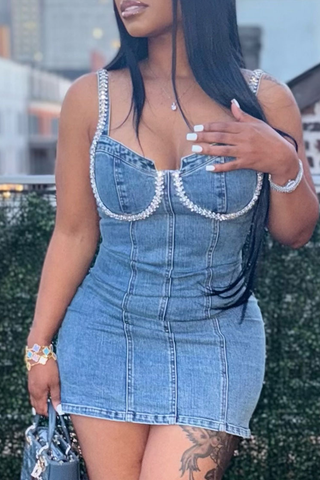 Blue Sexy Solid Color Spaghetti Strap Sleeveless Regular Denim Skirts