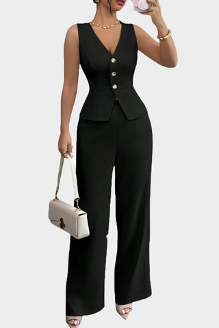 Black Casual Solid Color Buckle V Neck Sleeveless Two Pieces
