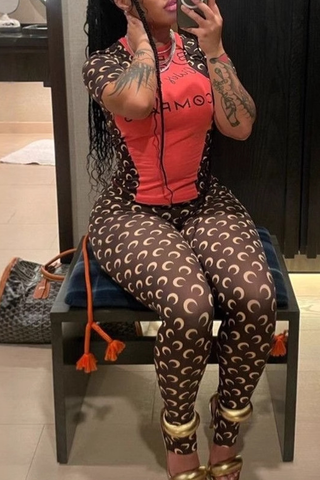 Orange Casual Print O Neck Short Sleeve Two Pieces