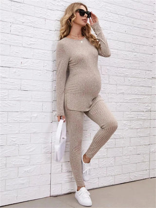 Women's Maternity Sets 2 Piece Outfits Long Sleeve Split Hem Top and Adjustable Elastic Waist Pants Maternity Clothes - Thomas Family Essentials LLC