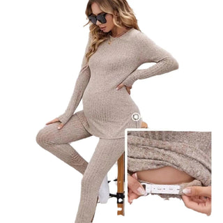 Women's Maternity Sets 2 Piece Outfits Long Sleeve Split Hem Top and Adjustable Elastic Waist Pants Maternity Clothes - Thomas Family Essentials LLC