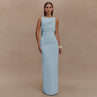 Women Summer Round Neck Backless Sleeveless Pleated Slit Dress
