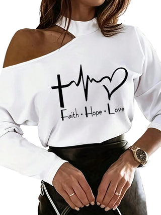 Women Fall and Winter Heart Print Printed Off-shoulder Sexy Top