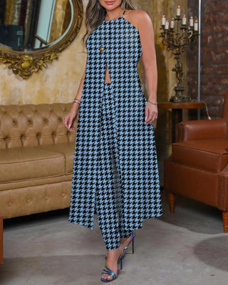 Spring And Summer Chic Halter Neck Sleeveless Houndstooth Printed Loose Top High Waist Pants Two Piece Set
