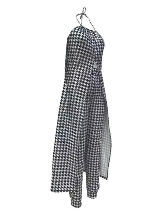 Spring And Summer Chic Halter Neck Sleeveless Houndstooth Printed Loose Top High Waist Pants Two Piece Set