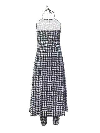 Spring And Summer Chic Halter Neck Sleeveless Houndstooth Printed Loose Top High Waist Pants Two Piece Set