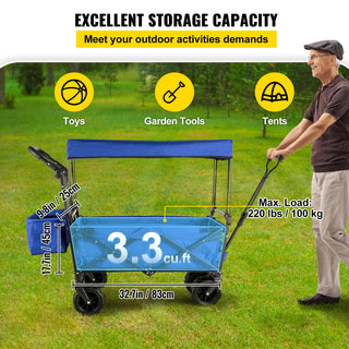VEVOR Extra Large Collapsible Garden Cart With Removable Canopy, Folding Wagon Utility Carts With Wheels And Rear Storage, Wagon Cart For Garden, Camping, Grocery Cart, Shopping Cart, Blue